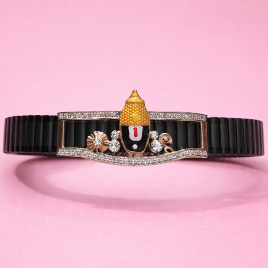 GlitzHeaven Divine Shree Balaji Black Bead Bracelet with Zircon Accents