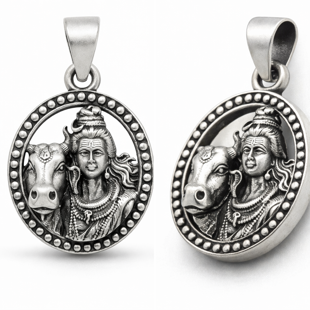 GlitzHeaven Divine 925 Sterling Silver Lord Shiva & Nandi Medallion Pendant – Symbol of Devotion, Strength & Balance
