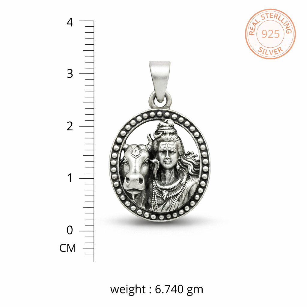 GlitzHeaven Divine 925 Sterling Silver Lord Shiva & Nandi Medallion Pendant – Symbol of Devotion, Strength & Balance
