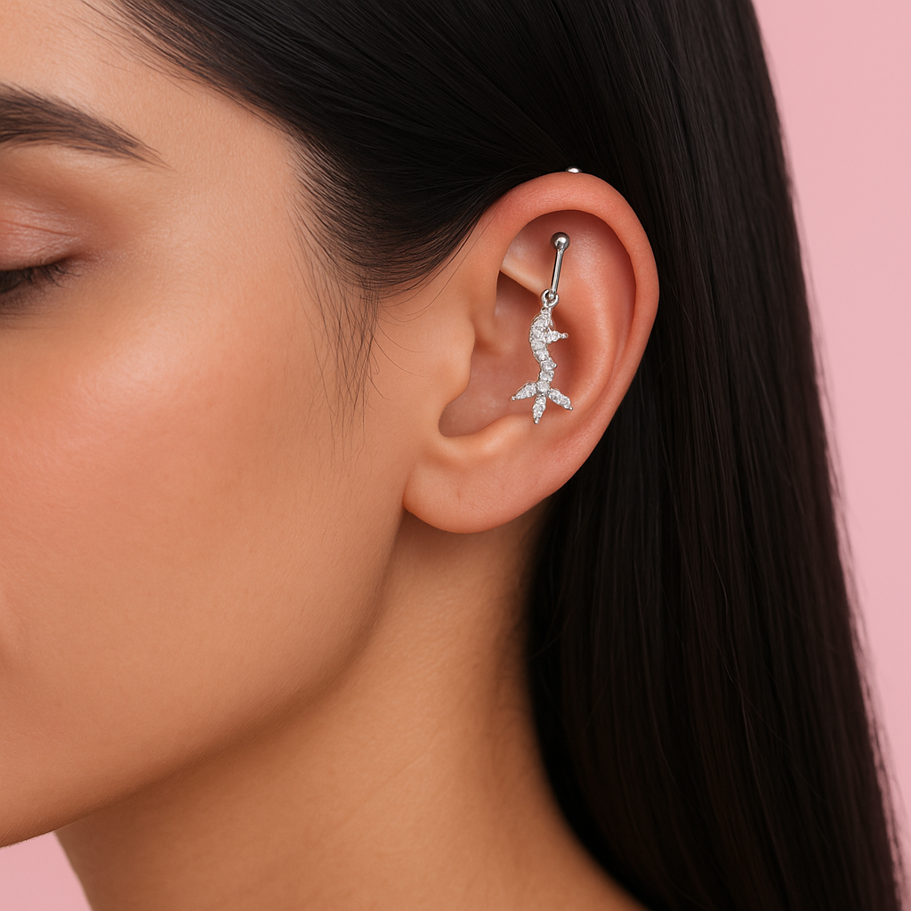 Glitzheaven 925 Sterling Silver Floral Drop Helix Earrings with CZ Stones