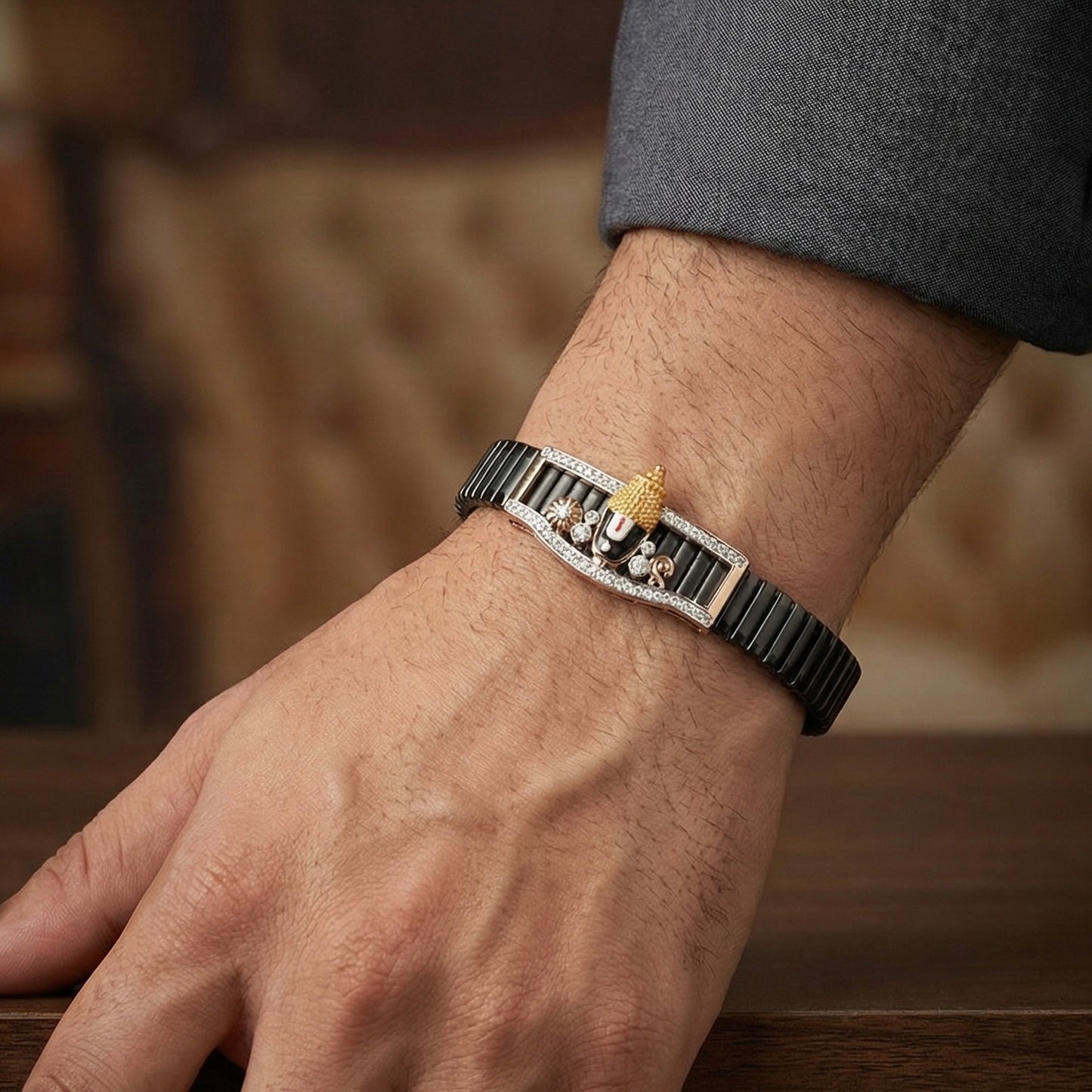 GlitzHeaven Divine Shree Balaji Black Bead Bracelet with Zircon Accents