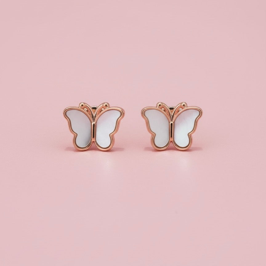Glitzheaven 925 Sterling Silver Butterfly Stud Earrings – Rose Gold Finish with White Enamel
