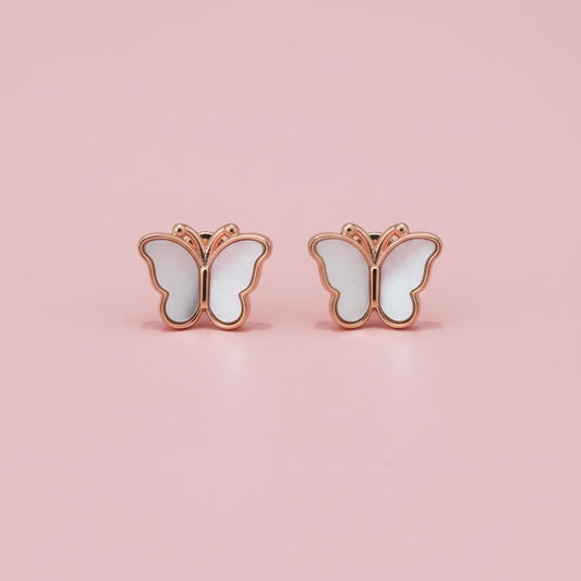 Glitzheaven 925 Sterling Silver Butterfly Stud Earrings – Rose Gold Finish with White Enamel