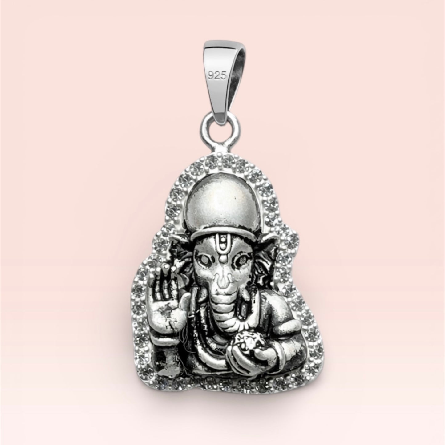 GlitzHeaven Divine 925 Sterling Silver Lord Ganesha Blessing Pendant with CZ Halo – Symbol of Wisdom & Prosperity