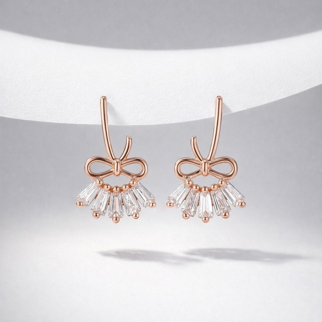 GlitzHeaven 925 Sterling Silver Bow Drop Earrings with Baguette-Cut Stones