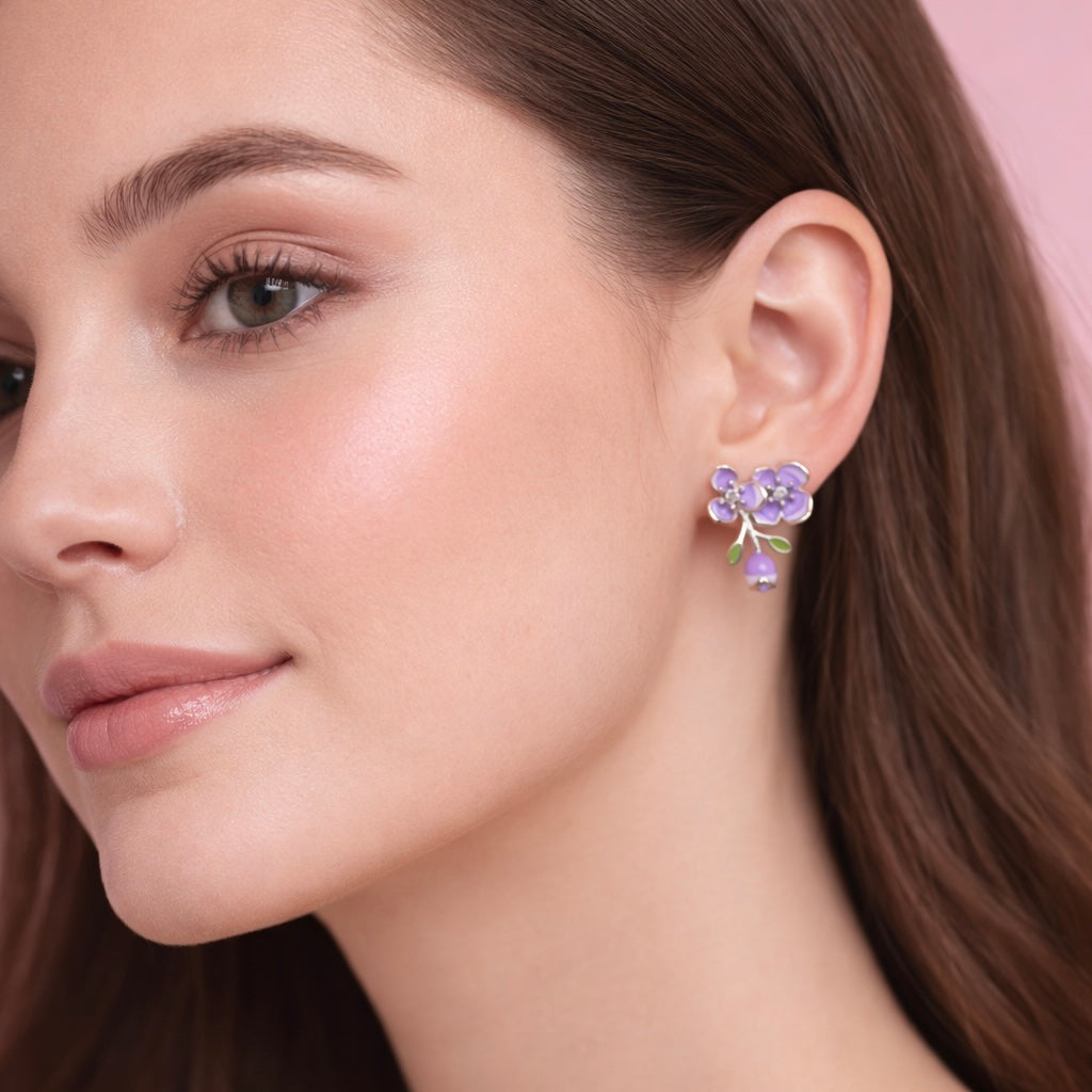 GlitzHeaven 925 Sterling Silver Lilac Blossom Stud Earrings with Enamel & Drop Charm