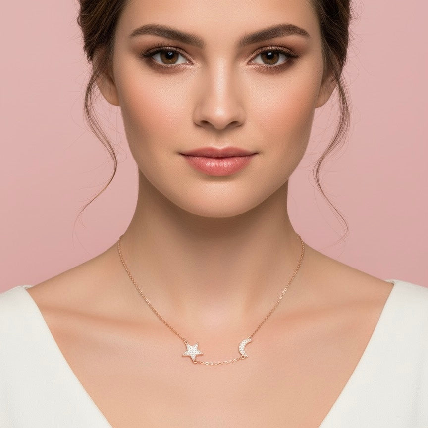 Glitzheaven 925 Sterling Silver Star & Moon Pendant Necklace – Celestial Dual Charm Design