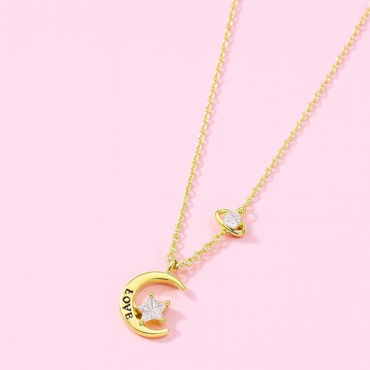 Glitzheaven 925 sterling Moon & Star “LOVE” Pendant Necklace in Gold Finish with CZ