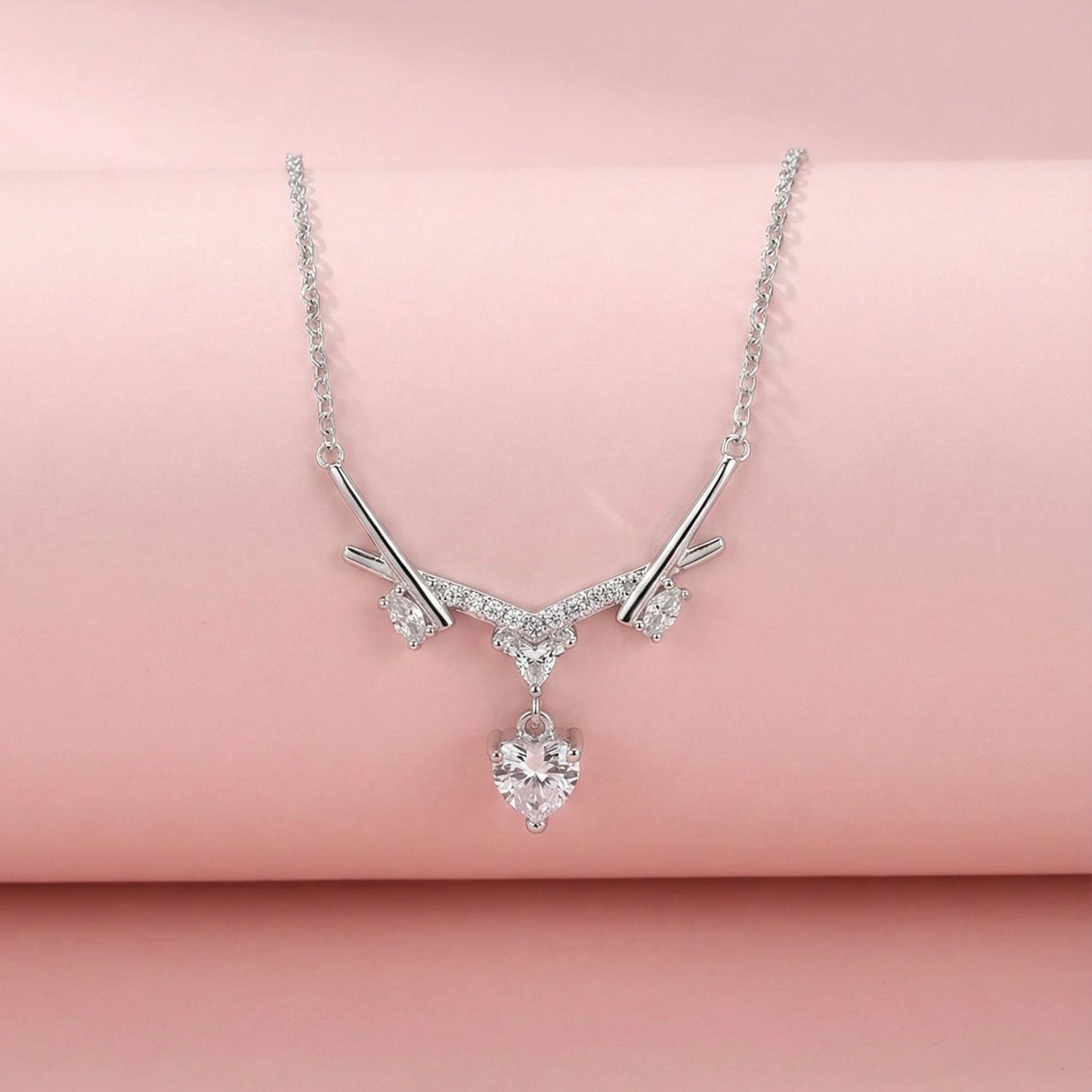 GlitzHeaven 925 Sterling Silver Heart Drop Pendant Necklace with Cubic Zirconia Accents