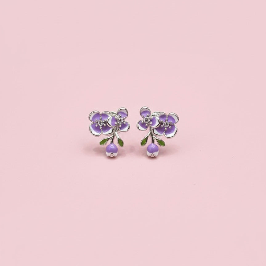 GlitzHeaven 925 Sterling Silver Lilac Blossom Stud Earrings with Enamel & Drop Charm