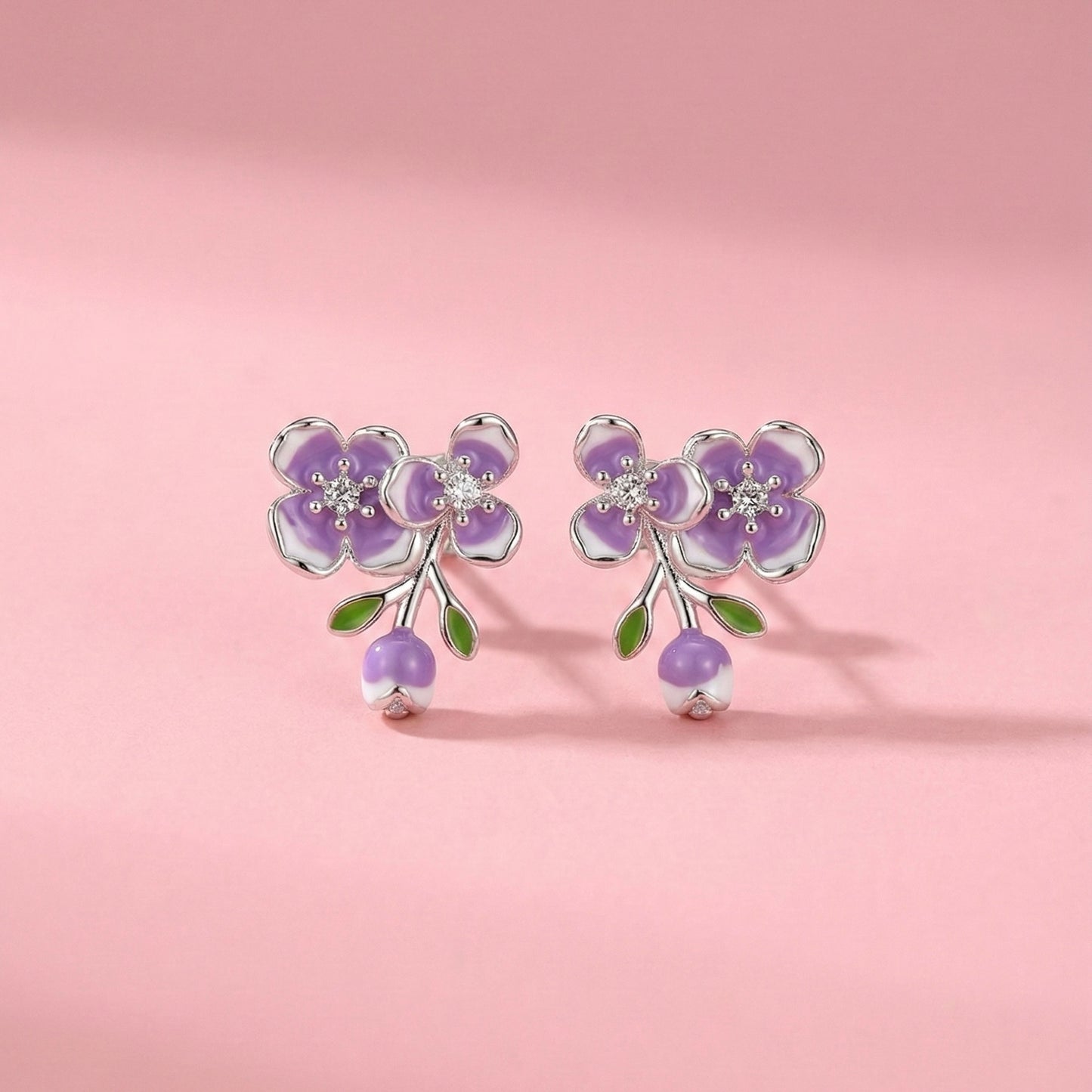 GlitzHeaven 925 Sterling Silver Lilac Blossom Stud Earrings with Enamel & Drop Charm