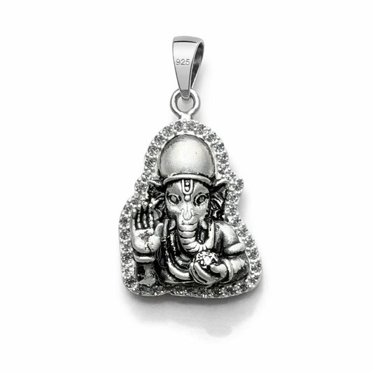 GlitzHeaven Divine 925 Sterling Silver Lord Ganesha Blessing Pendant with CZ Halo – Symbol of Wisdom & Prosperity