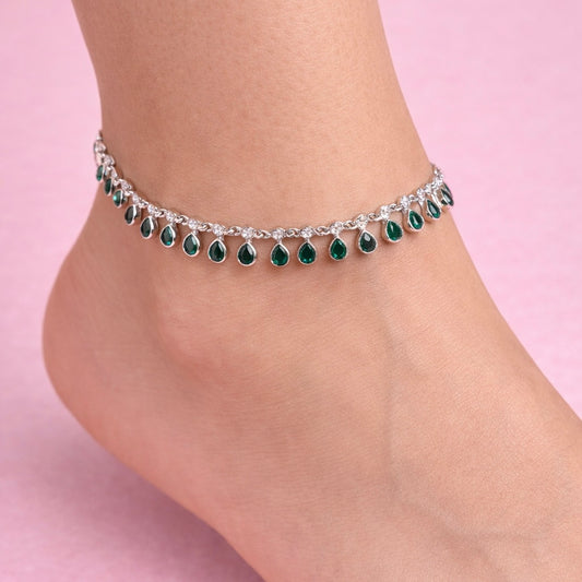 GlitzHeaven 925 Sterling Silver Emerald Green Teardrop Anklet
