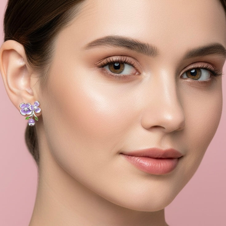 GlitzHeaven 925 Sterling Silver Lilac Blossom Stud Earrings with Enamel & Drop Charm