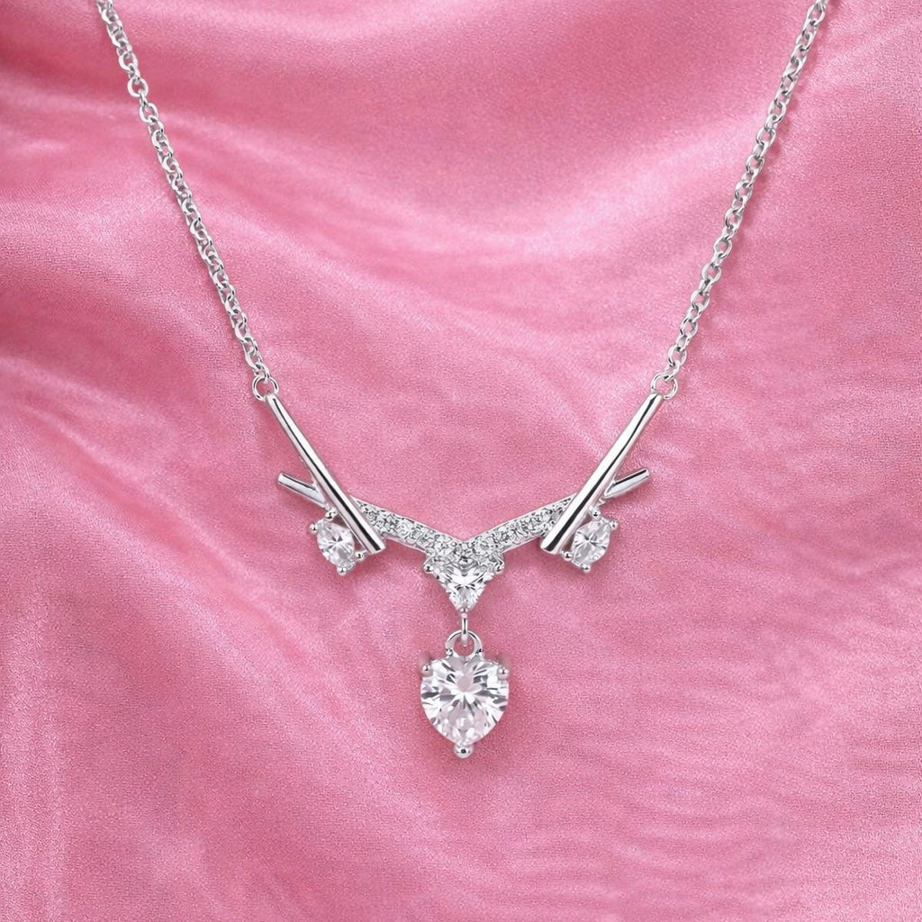GlitzHeaven 925 Sterling Silver Heart Drop Pendant Necklace with Cubic Zirconia Accents