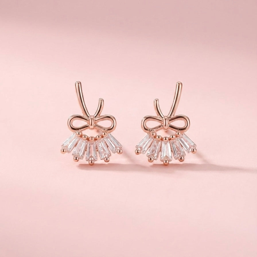 GlitzHeaven 925 Sterling Silver Bow Drop Earrings with Baguette-Cut Stones