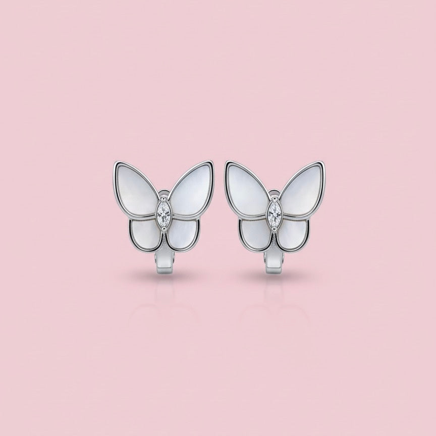 Glitzheaven 925 Sterling Silver Butterfly Stud Earrings with White Enamel & CZ Accent