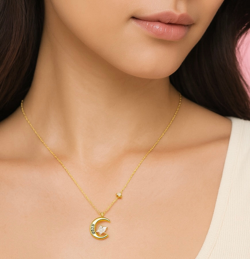 Glitzheaven 925 sterling Moon & Star “LOVE” Pendant Necklace in Gold Finish with CZ