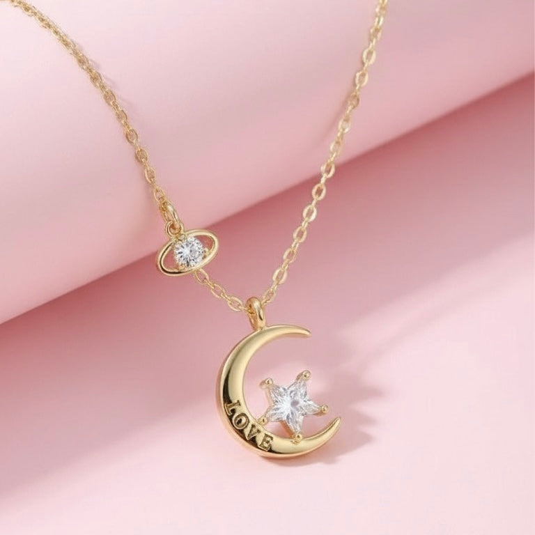 Glitzheaven 925 sterling Moon & Star “LOVE” Pendant Necklace in Gold Finish with CZ
