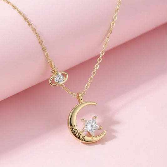 Glitzheaven 925 sterling Moon & Star “LOVE” Pendant Necklace in Gold Finish with CZ