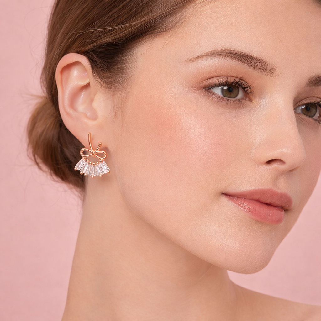 GlitzHeaven 925 Sterling Silver Bow Drop Earrings with Baguette-Cut Stones