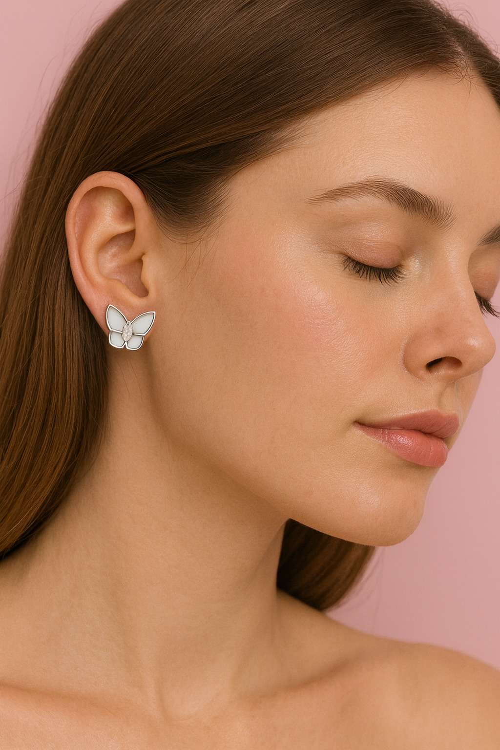 Glitzheaven 925 Sterling Silver Butterfly Stud Earrings with White Enamel & CZ Accent