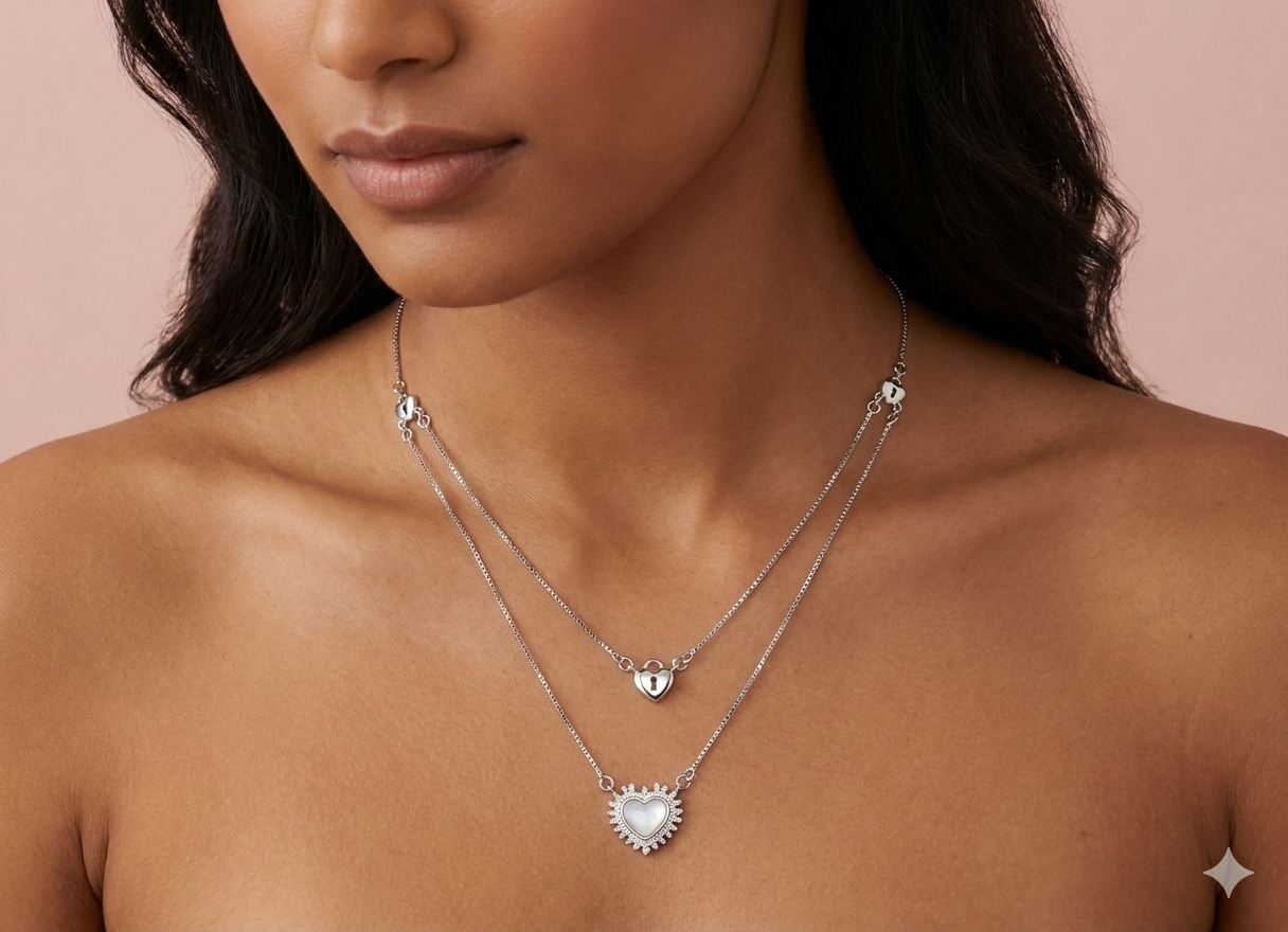 Glitzheaven 925 Sterling Silver Double-Layer Heart Pendant Necklace – Lock & Halo Heart Design