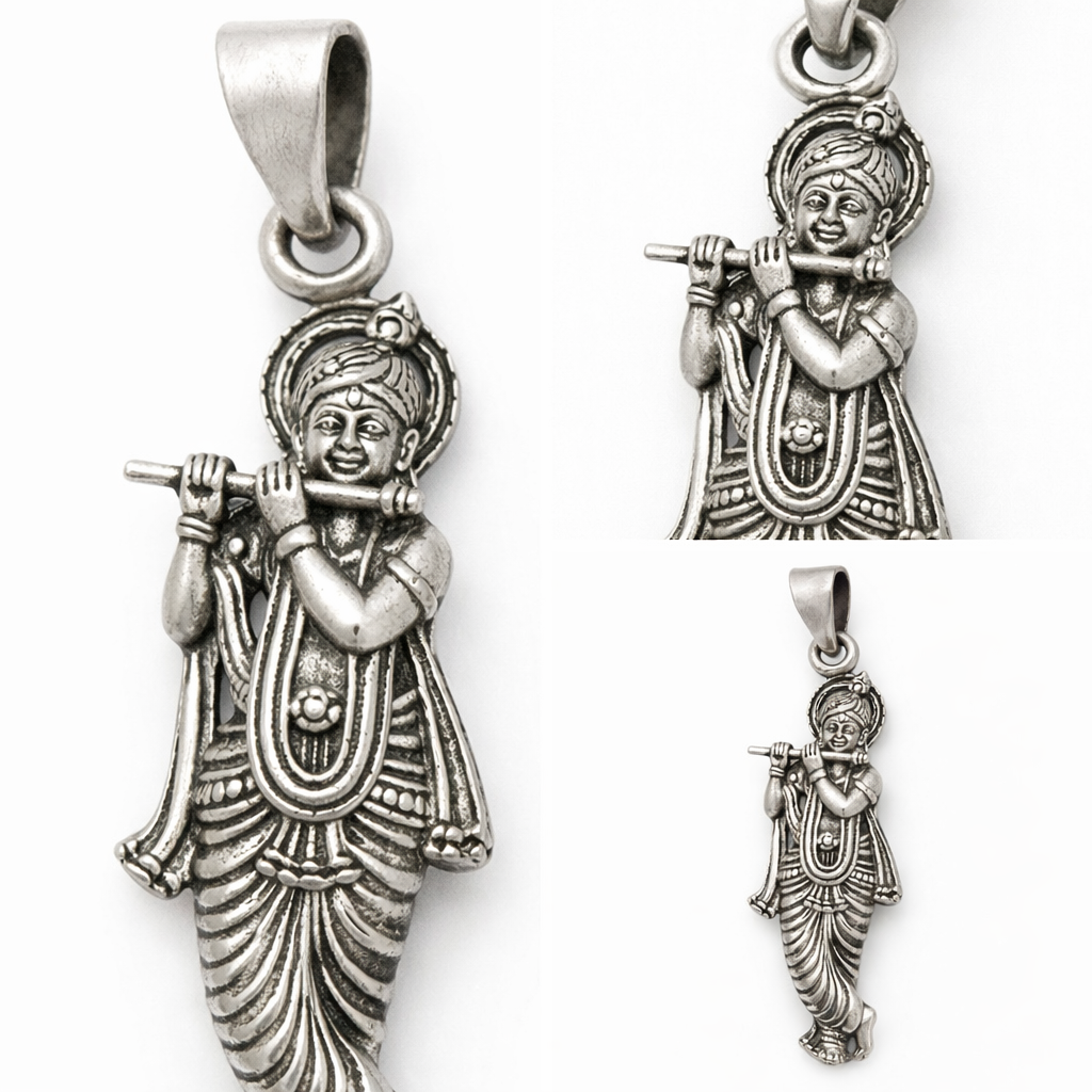 GlitzHeaven Divine 925 Sterling Silver Lord Krishna Flute Pendant – Symbol of Love, Peace & Devotion