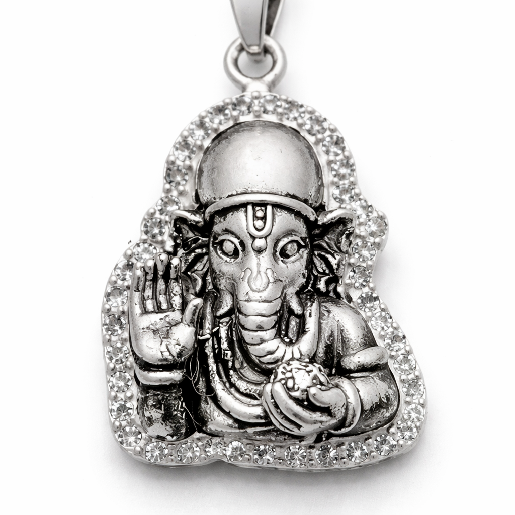 GlitzHeaven Divine 925 Sterling Silver Lord Ganesha Blessing Pendant with CZ Halo – Symbol of Wisdom & Prosperity